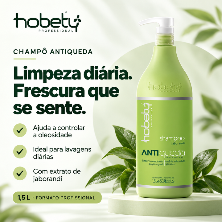 Champô Antiqueda Hobety com jaborandi, em embalagem profissional de 1,5 L, com destaque para a limpeza diária e o controlo da oleosidade.