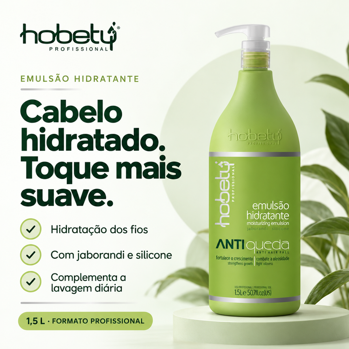 Emulsão Hidratante Hobety de 1,5 L com jaborandi e silicone, para hidratação dos fios e um toque mais suave.
