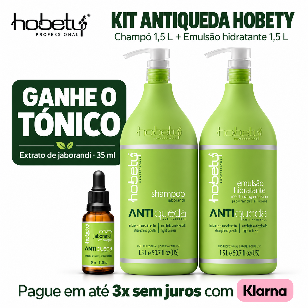 Kit Profissional Antiqueda Hobety Jaborandi — 2 × 1,5 L + Tónico de Oferta