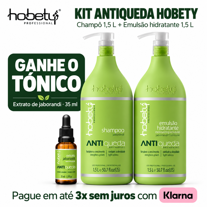 Kit Antiqueda Hobety: champô e emulsão de 1,5 L, com tónico de 35 ml de oferta e pagamento em 3 prestações com Klarna.