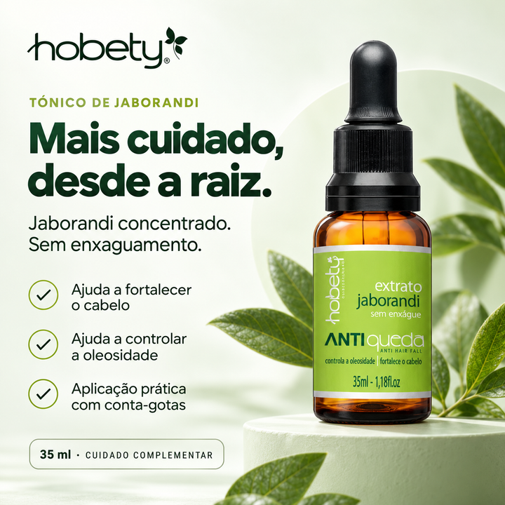 Tónico Hobety de jaborandi concentrado, 35 ml, com conta-gotas e utilização sem enxaguamento.